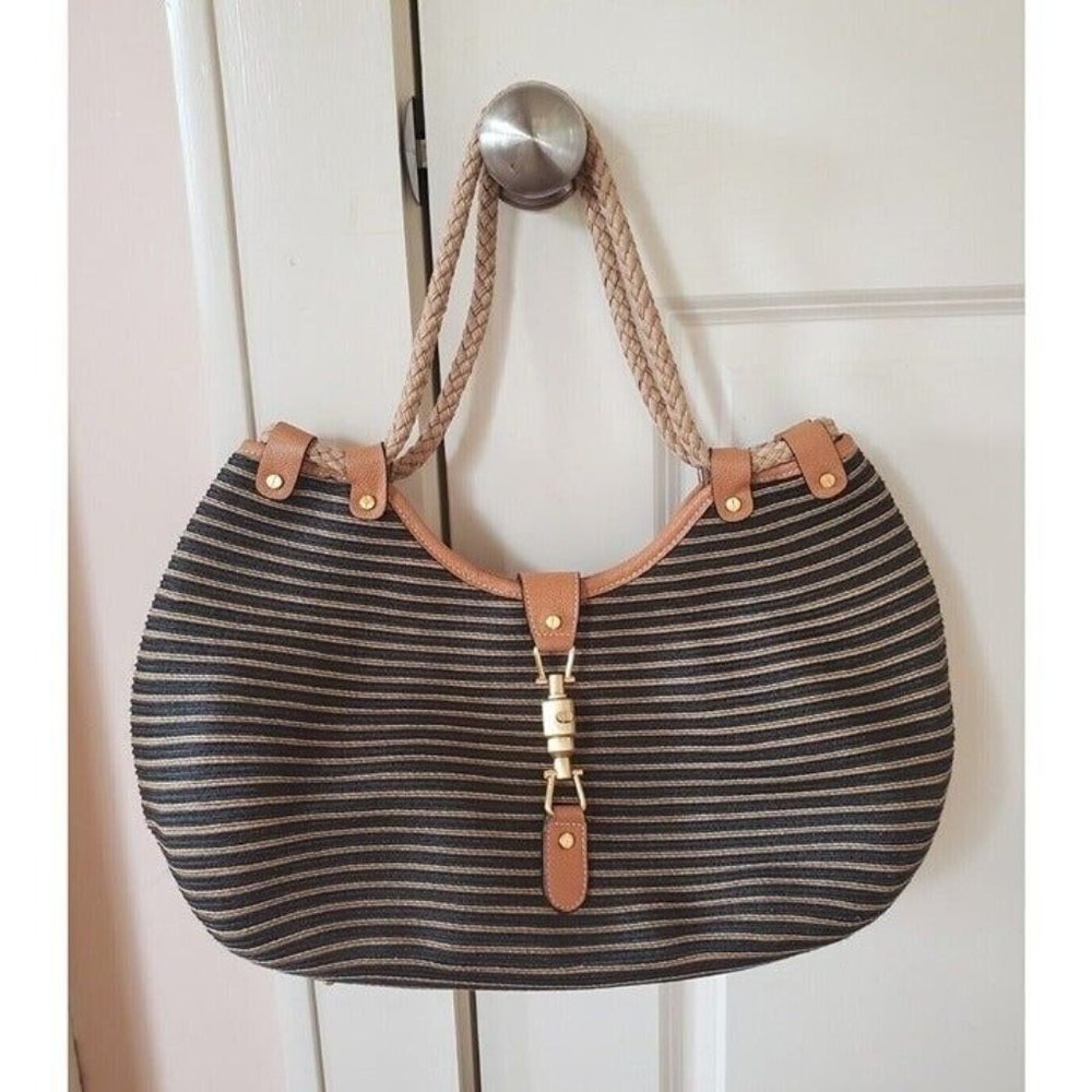 NWOT ERIC JAVITS Squishee Striped Black Beige Large Shoulder Bag